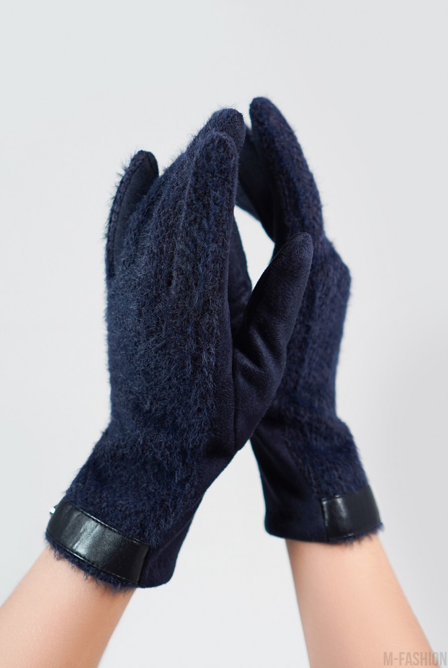 Синие комбинированные перчатки с фактурной вставкой- Фото 2
