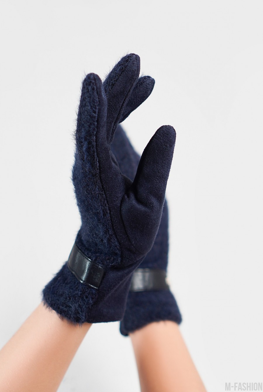 Синие комбинированные перчатки с фактурной вставкой- Фото 3
