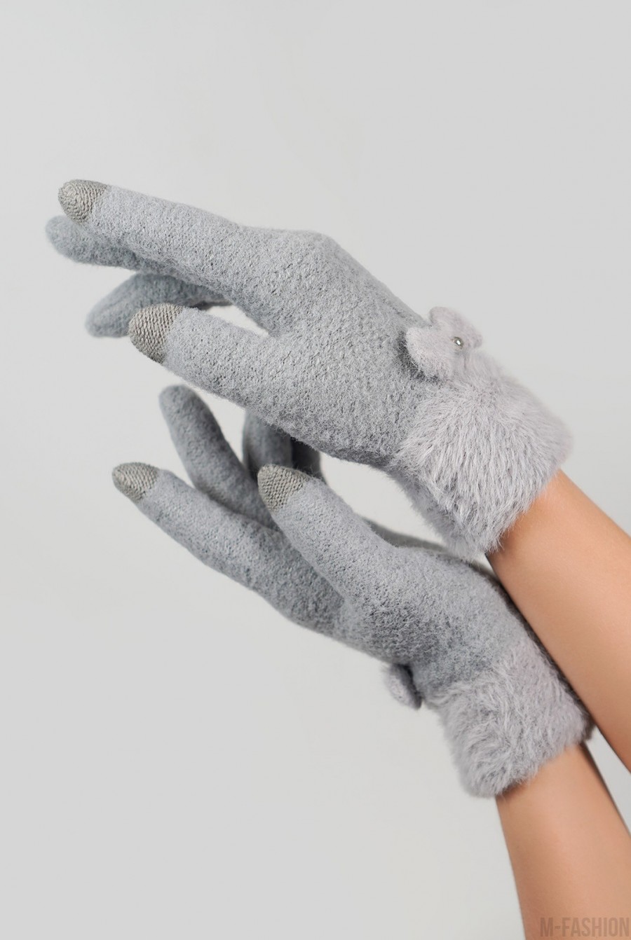 Серые шерстяные перчатки с фактурным манжетом- Фото 3