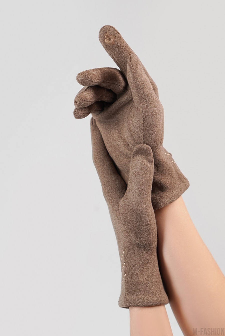 Утепленные коричневые перчатки из эко-замши- Фото 3
