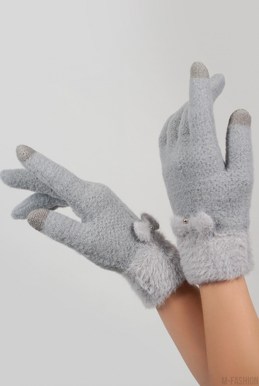 Серые шерстяные перчатки с фактурным манжетом- Фото 2