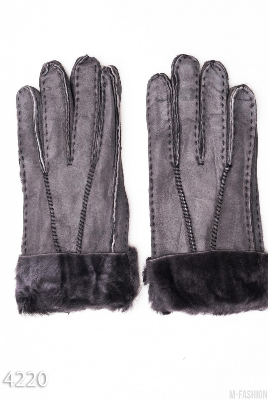 Серые грубые кожаные рукавицы с меховыми манжетами - Фото 1