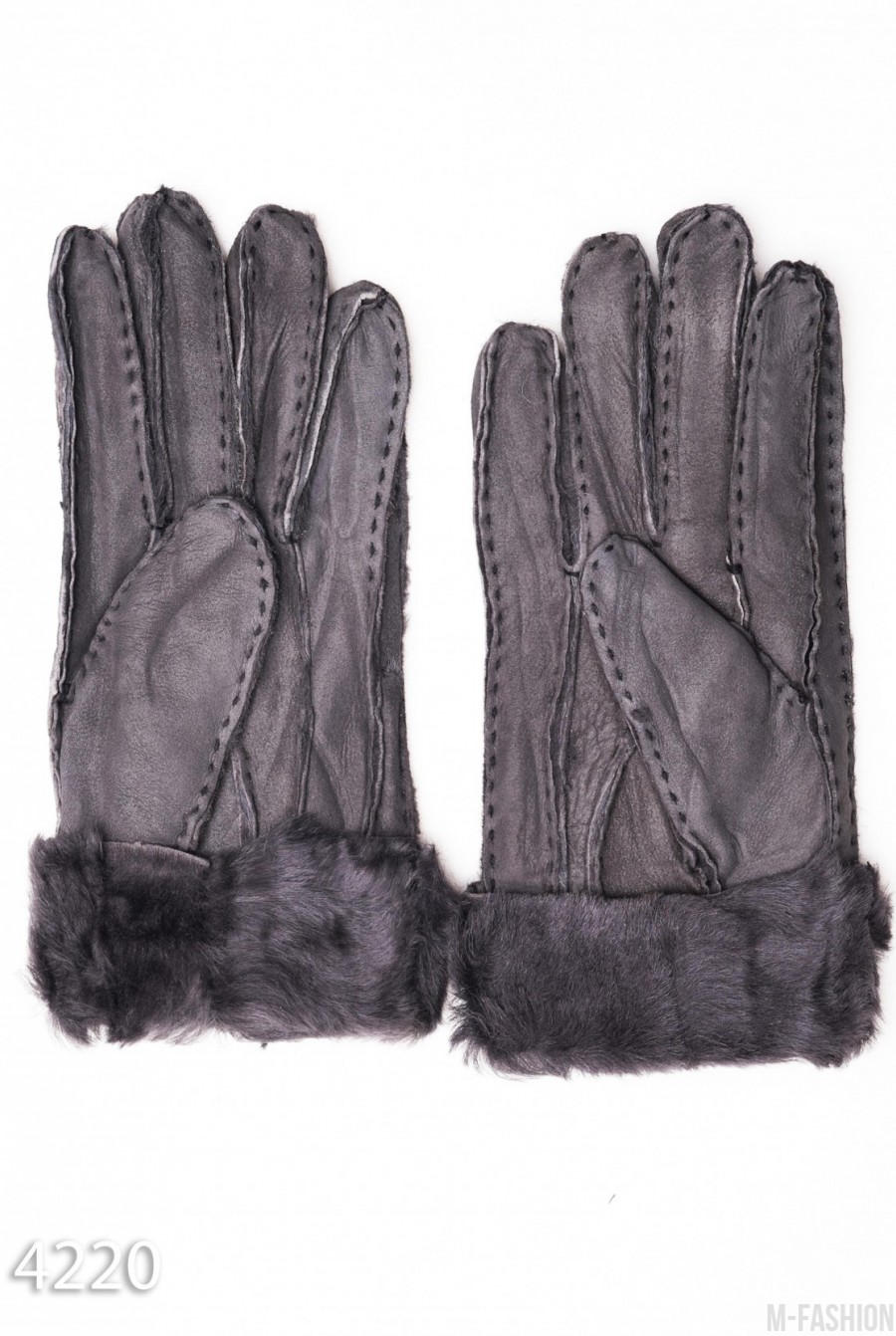 Серые грубые кожаные рукавицы с меховыми манжетами- Фото 2