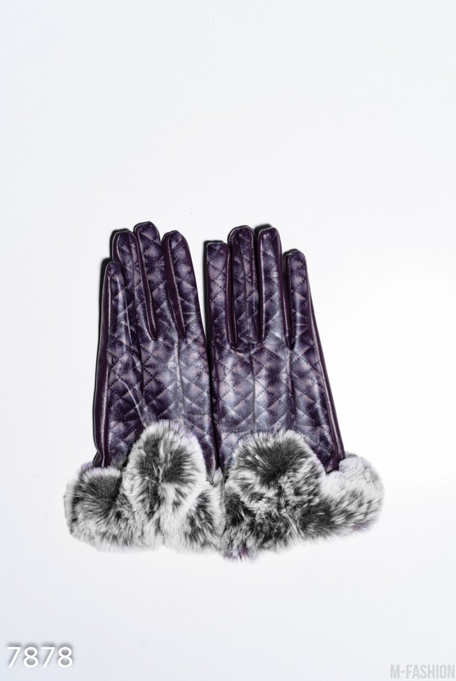 Фиолетовые стеганые перчатки из эко-кожи с меховыми манжетами - Фото 1
