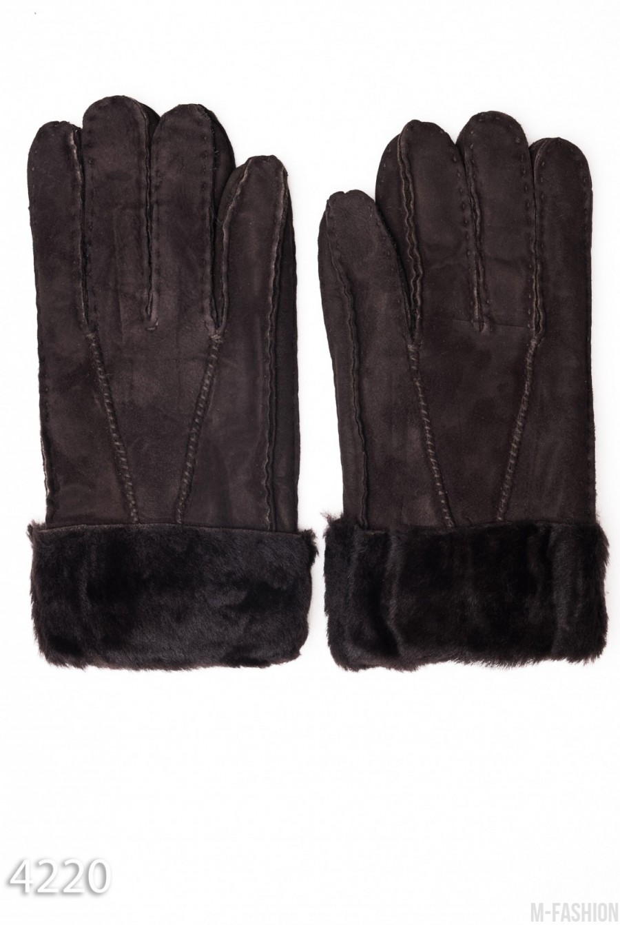 Темно-коричневые грубые кожаные рукавицы с меховыми манжетами - Фото 1