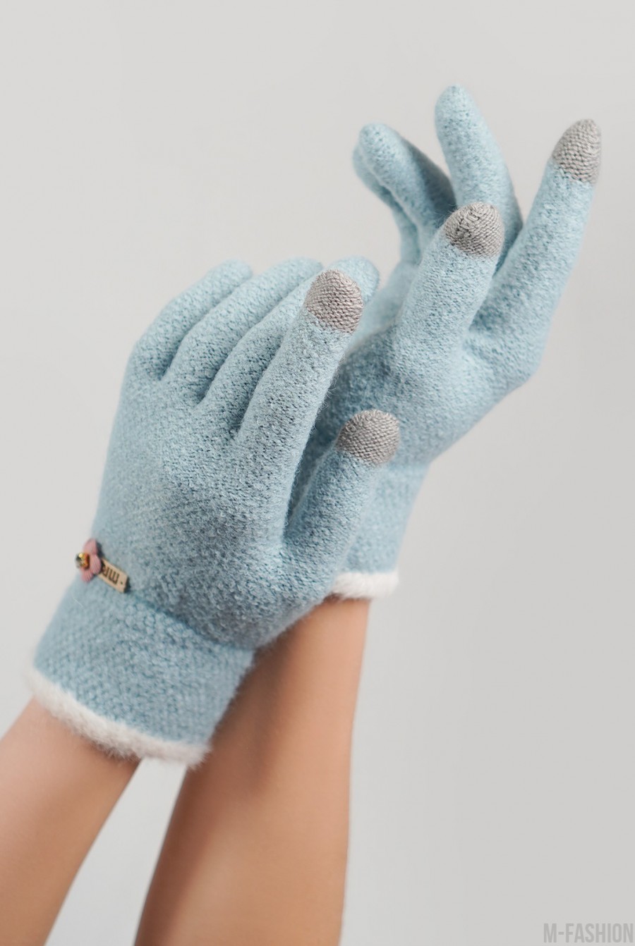Голубые шерстяные вязаные перчатки- Фото 2