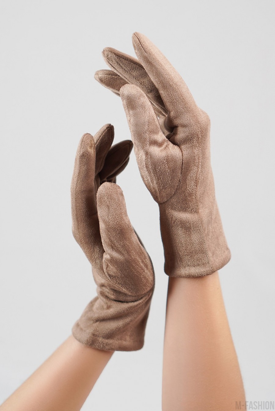 Бежевые утепленные перчатки из эко-замши - Фото 1