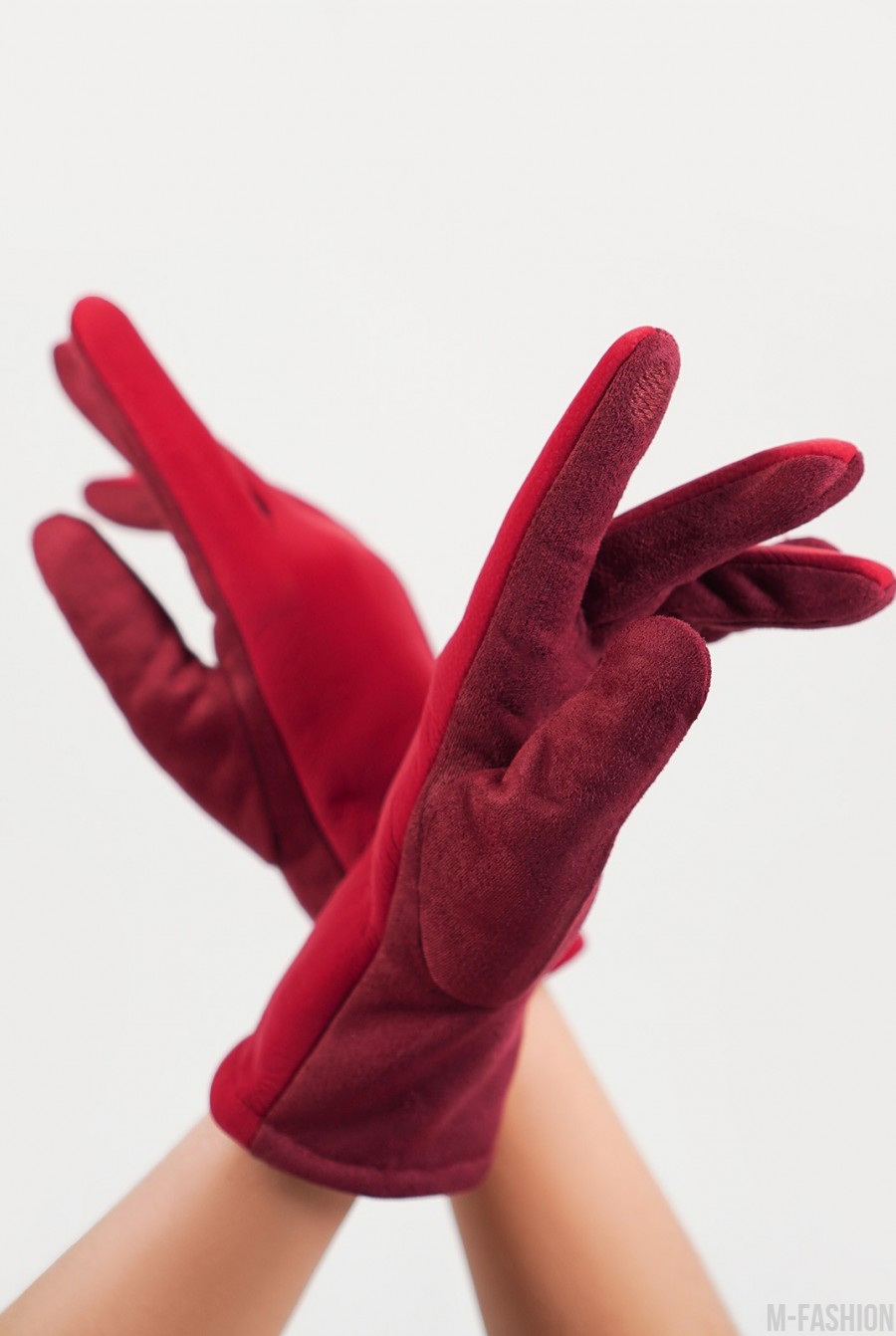 Фиолетовые замшевые комбинированные перчатки на меху - Фото 1