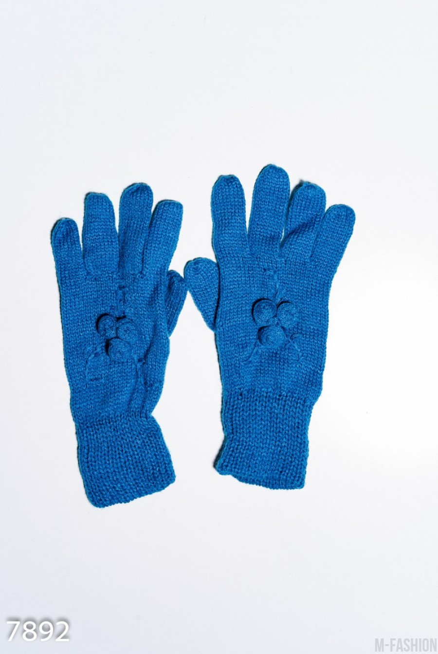 Синие шерстяные однослойные перчатки с объемной аппликацией - Фото 1