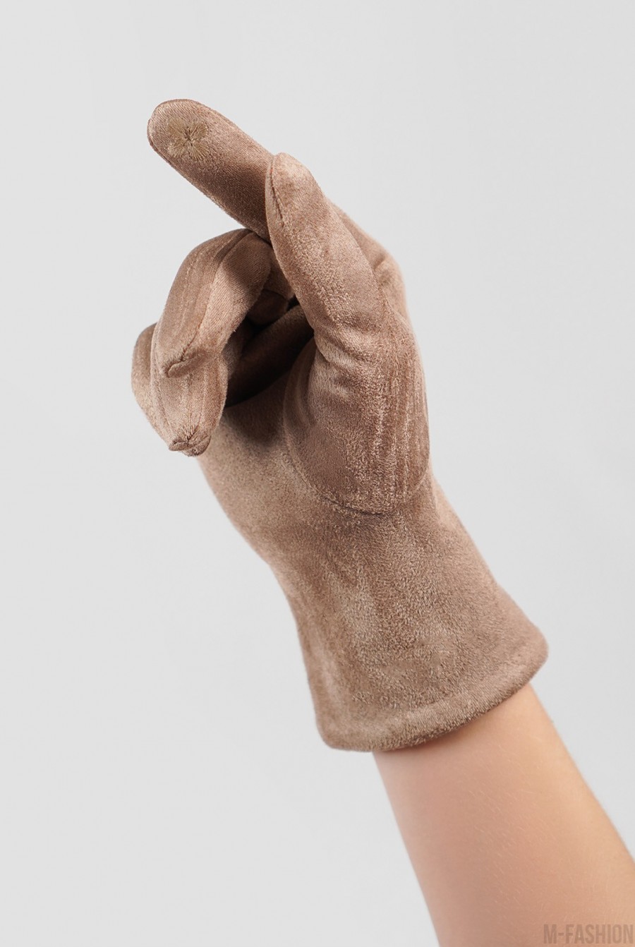 Бежевые утепленные перчатки из эко-замши- Фото 3