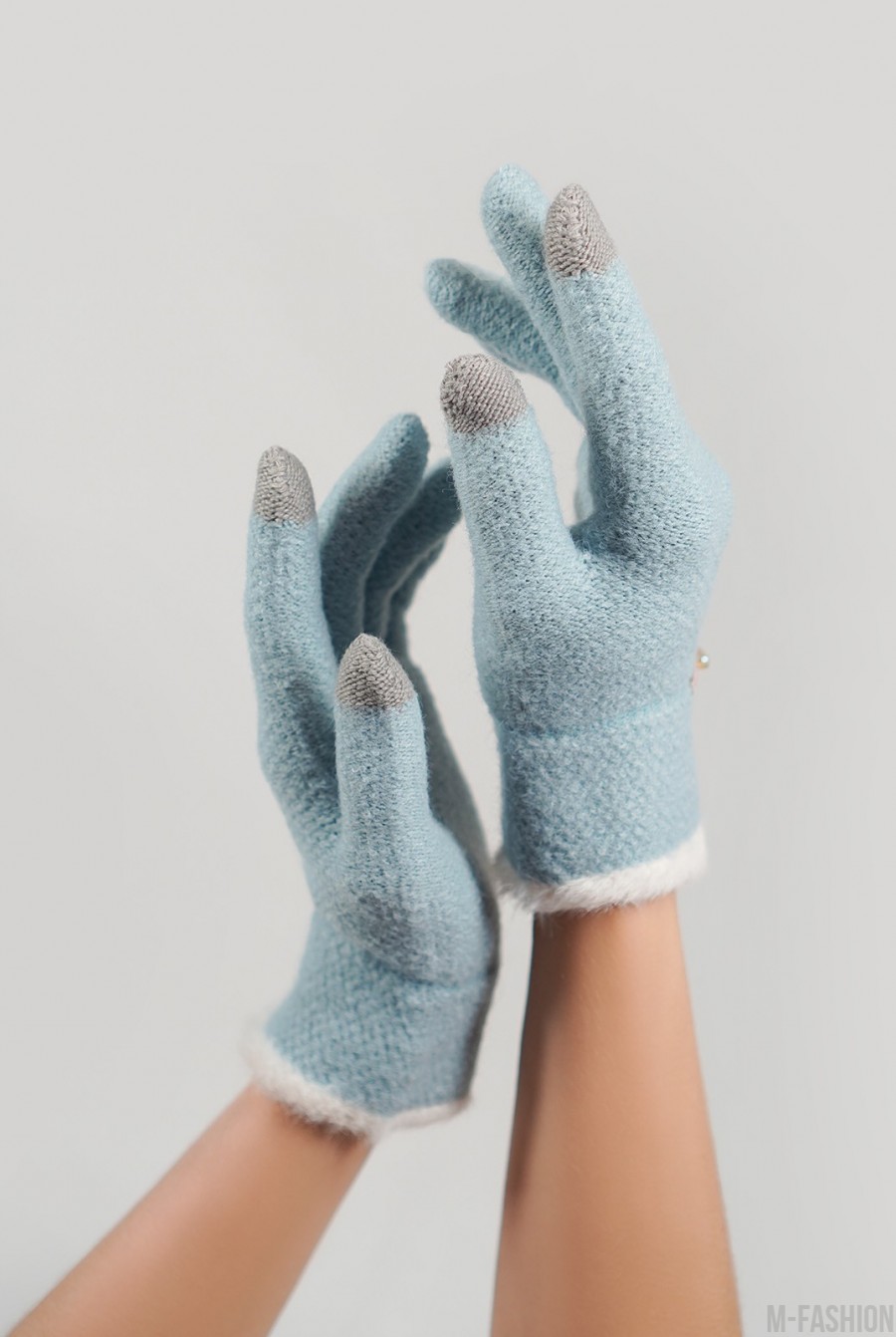 Голубые шерстяные вязаные перчатки - Фото 1