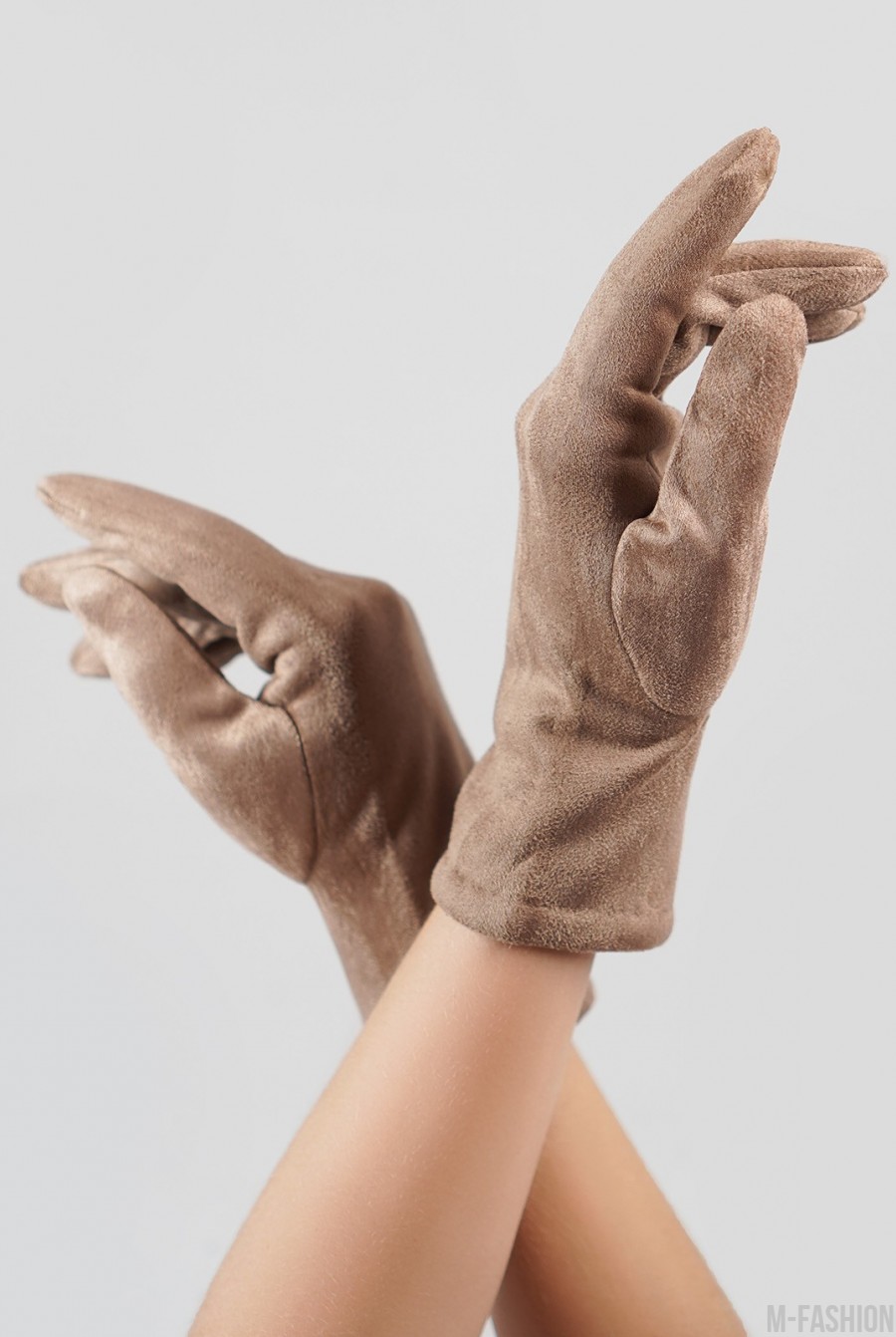 Бежевые утепленные перчатки из эко-замши- Фото 2