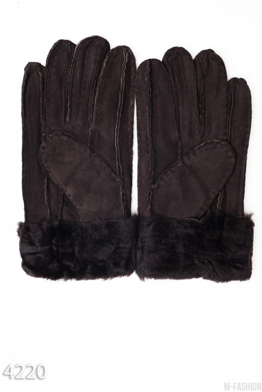 Темно-коричневые грубые кожаные рукавицы с меховыми манжетами- Фото 2