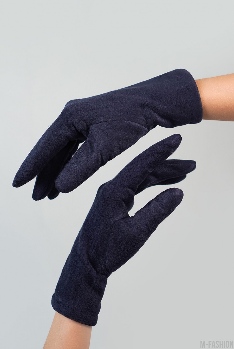 Синие однотонные перчатки из эко-замши на меху- Фото 2
