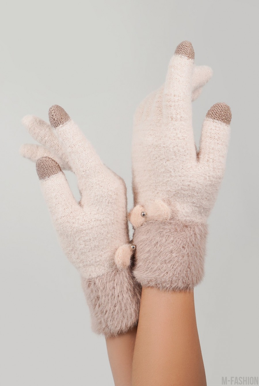 Бежевые шерстяные перчатки с фактурным манжетом- Фото 2