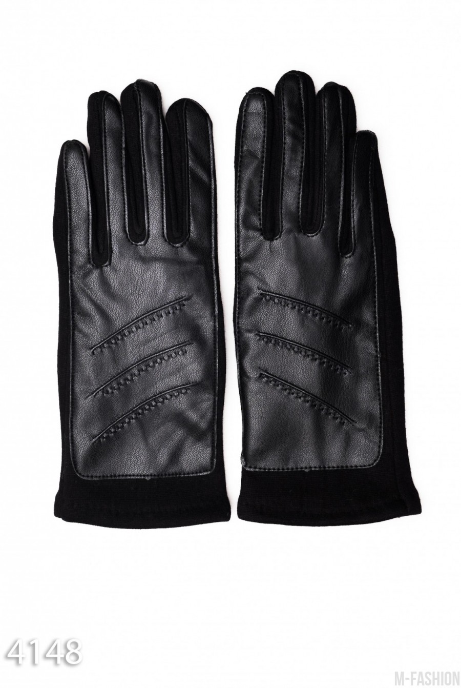 Комбинированные черные перчатки с узором сверху - Фото 1