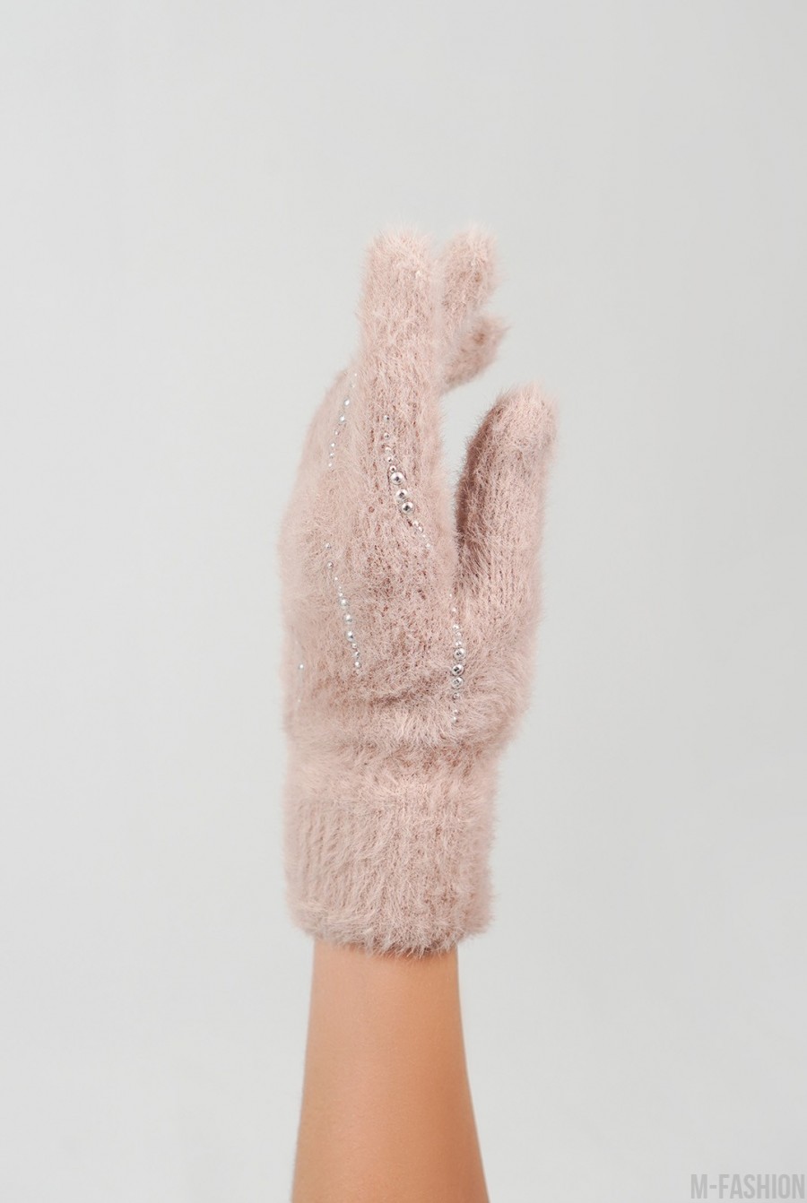Бежевые утепленные перчатки со стразами- Фото 2