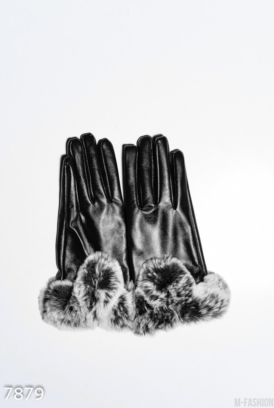 Черные перчатки из эко-кожи с меховыми манжетами - Фото 1