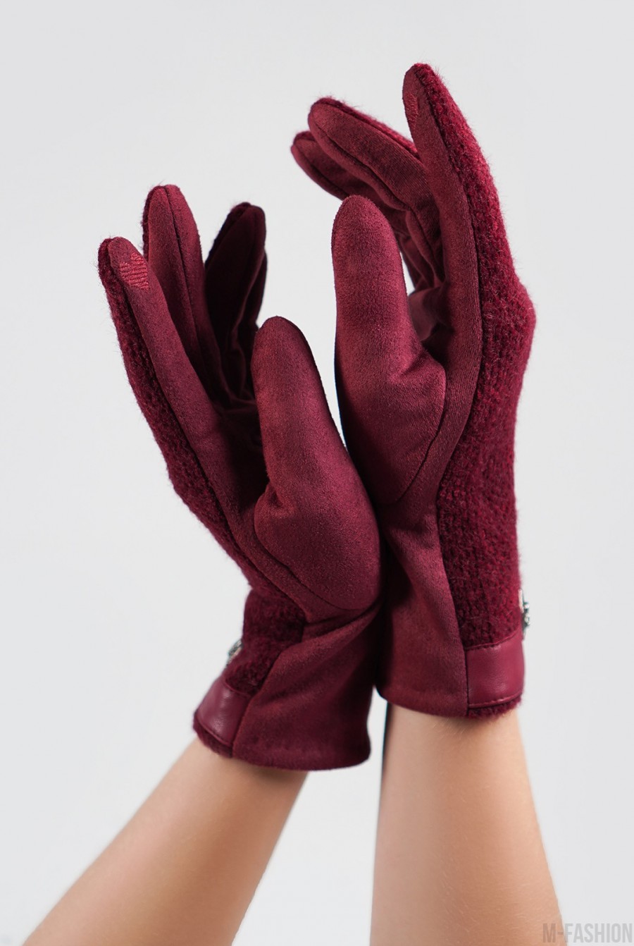 Фиолетовые комбинированные перчатки с фактурной вставкой- Фото 3