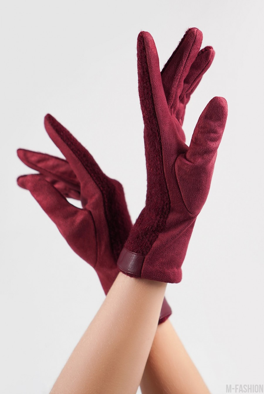 Фиолетовые комбинированные перчатки с фактурной вставкой - Фото 1