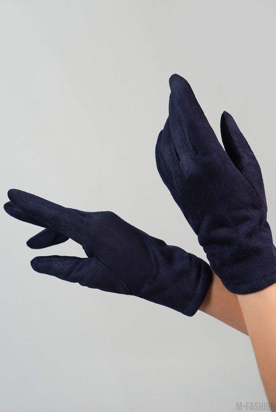 Синие однотонные перчатки из эко-замши на меху - Фото 1