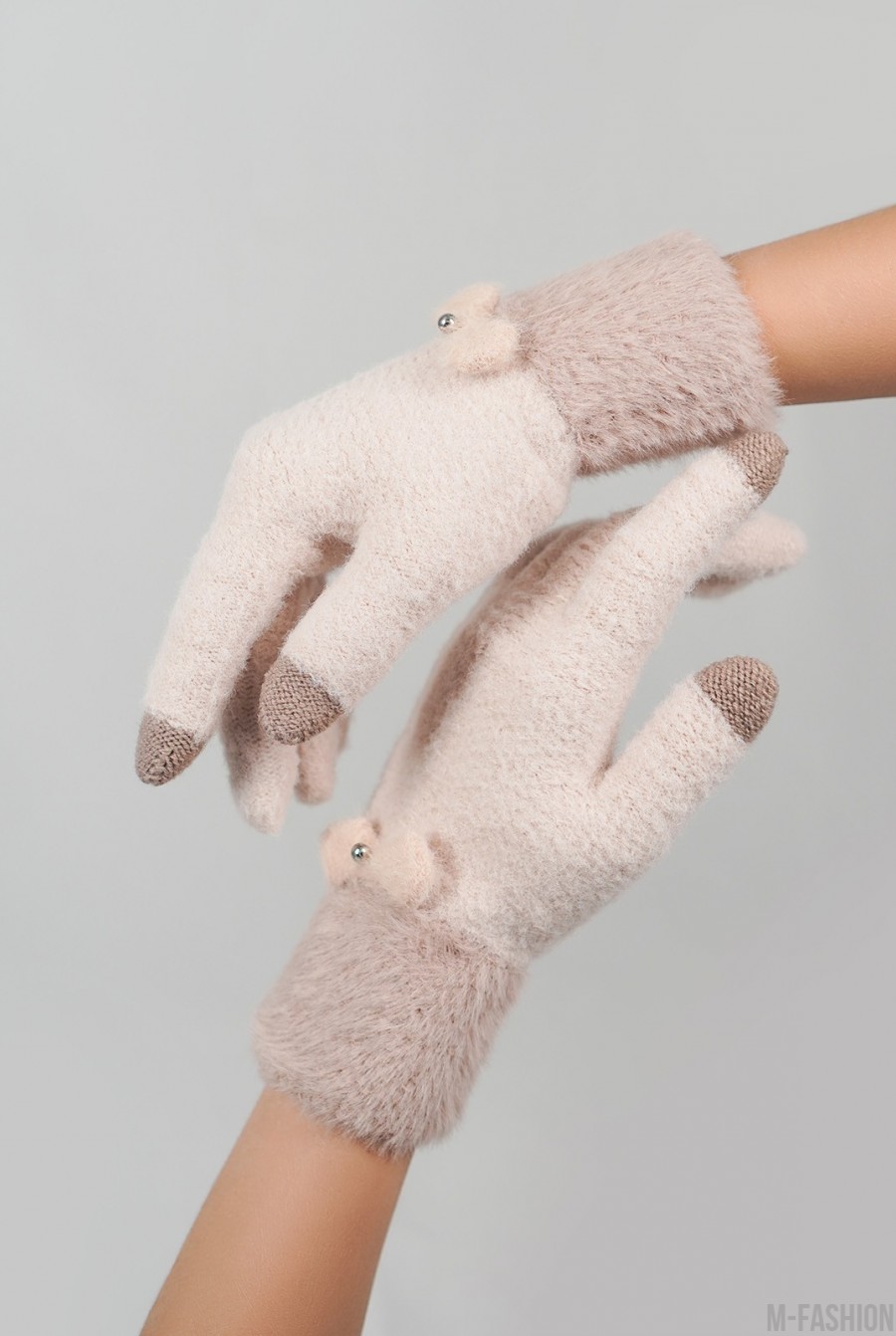 Бежевые шерстяные перчатки с фактурным манжетом - Фото 1