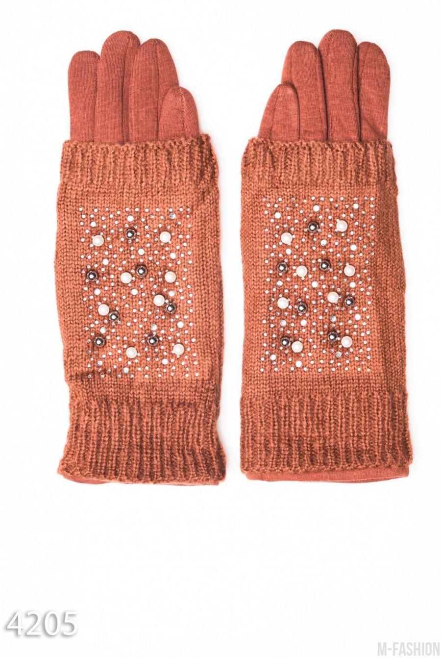 Коричневые перчатки-митенки с бусинами и пальчиками мелкой вязки - Фото 1