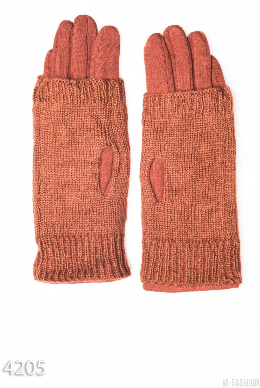 Коричневые перчатки-митенки с бусинами и пальчиками мелкой вязки- Фото 2
