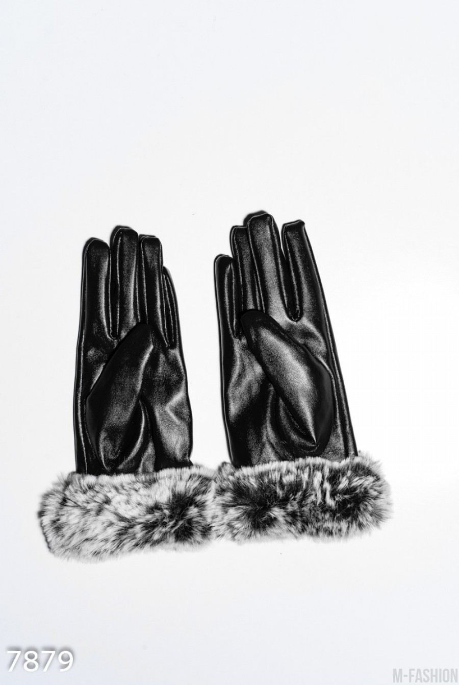 Черные перчатки из эко-кожи с меховыми манжетами- Фото 2