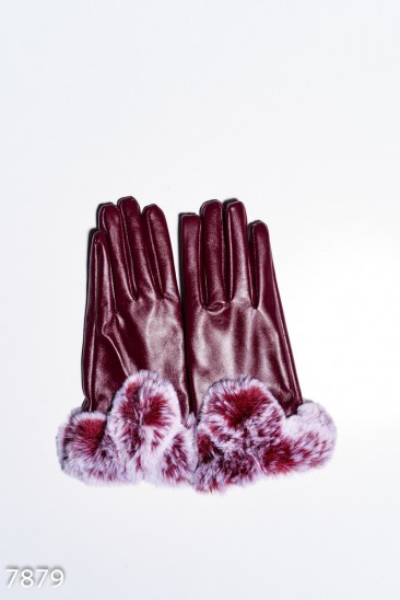 Бордовые перчатки из эко-кожи с меховыми манжетами