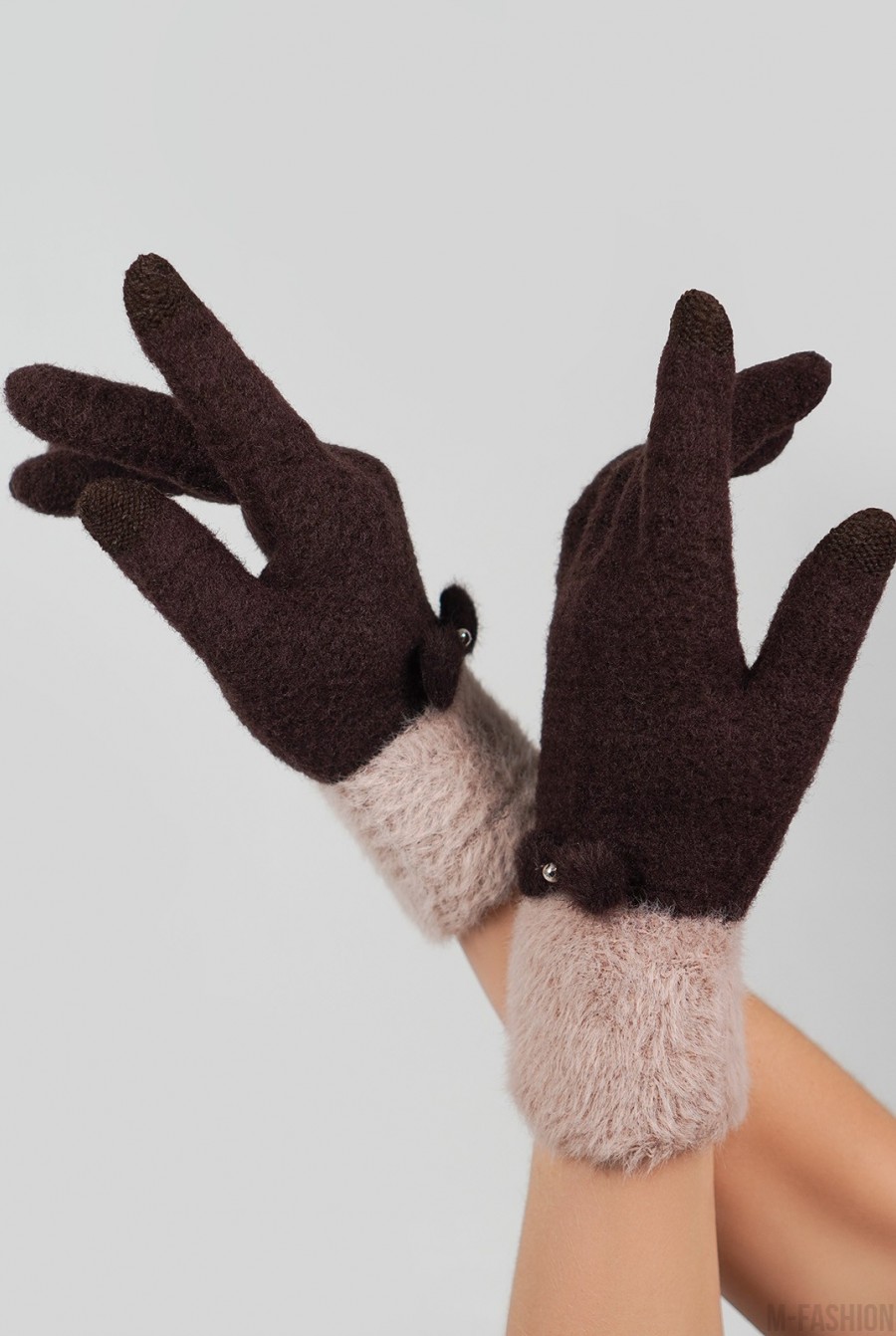 Коричневые шерстяные перчатки с фактурным манжетом - Фото 1