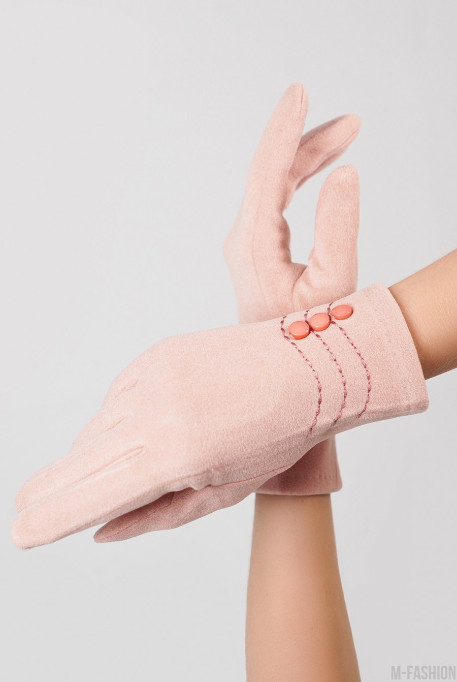 Утепленные розовые перчатки из эко-замши- Фото 2