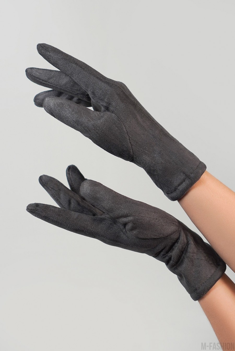 Темно-серые однотонные перчатки из эко-замши на меху - Фото 1