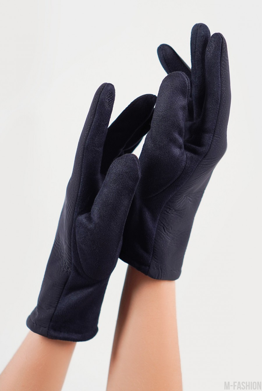 Синие замшевые комбинированные перчатки на меху - Фото 1