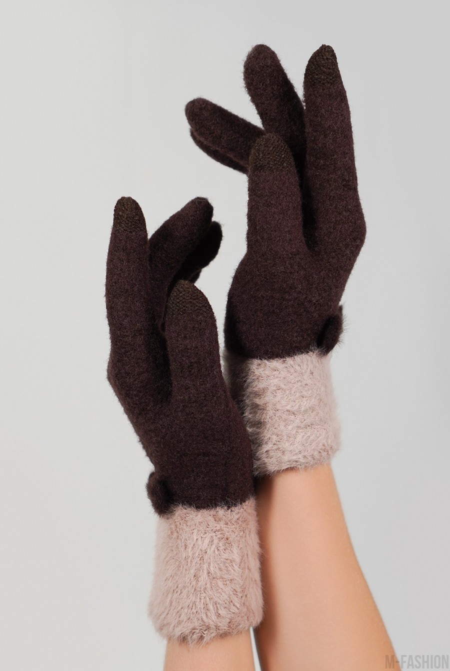 Коричневые шерстяные перчатки с фактурным манжетом- Фото 2