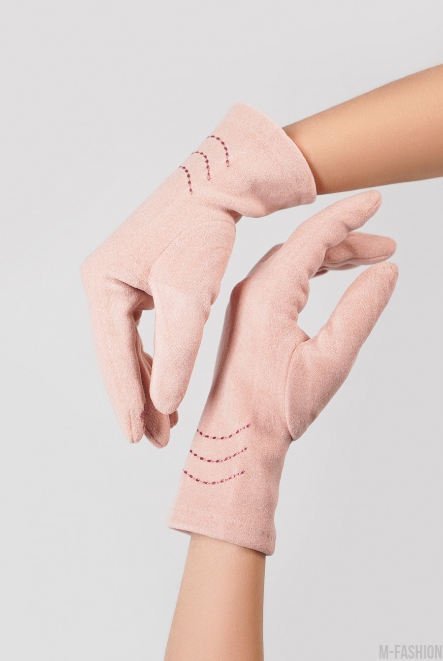 Утепленные розовые перчатки из эко-замши- Фото 3