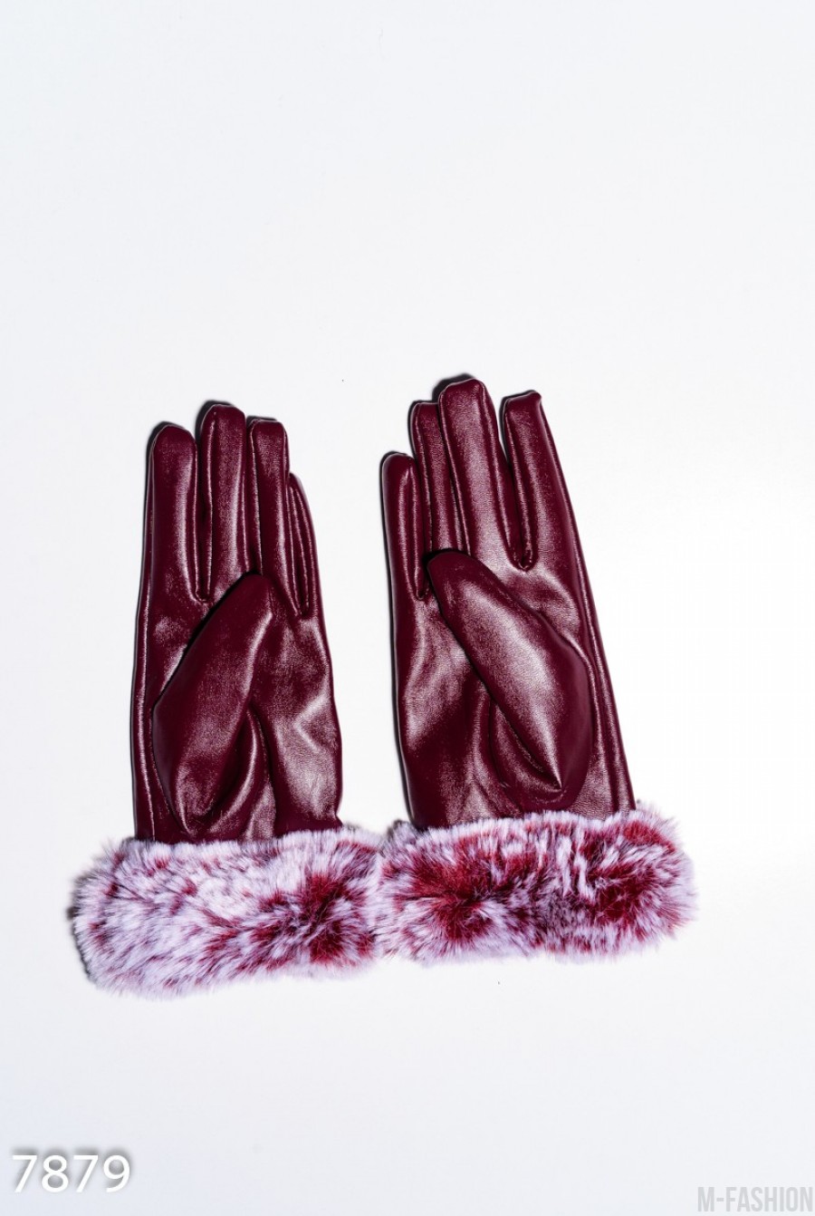 Бордовые перчатки из эко-кожи с меховыми манжетами- Фото 2
