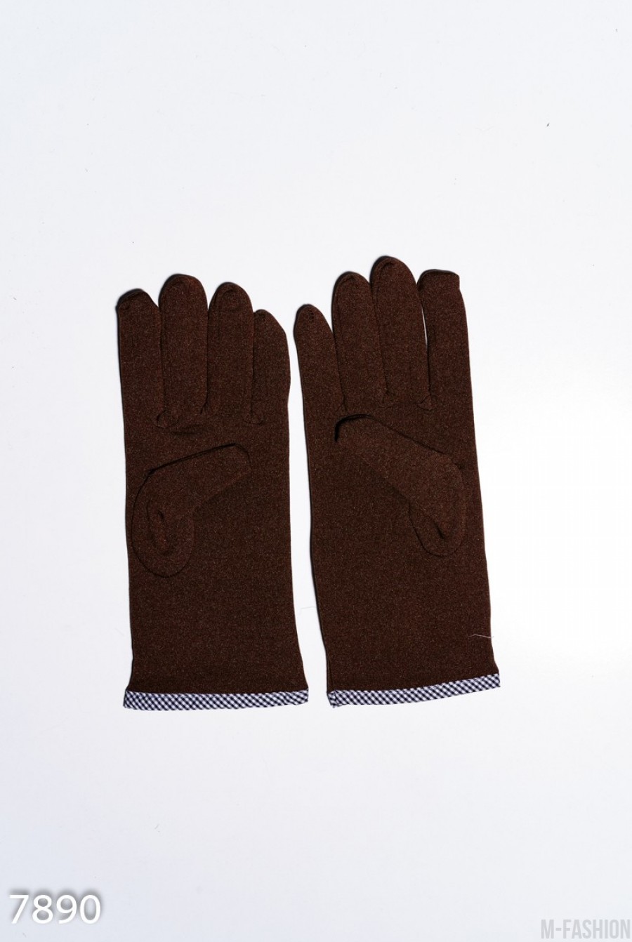 Коричневые эластичные тонкие перчатки на флисе с помпоном- Фото 2