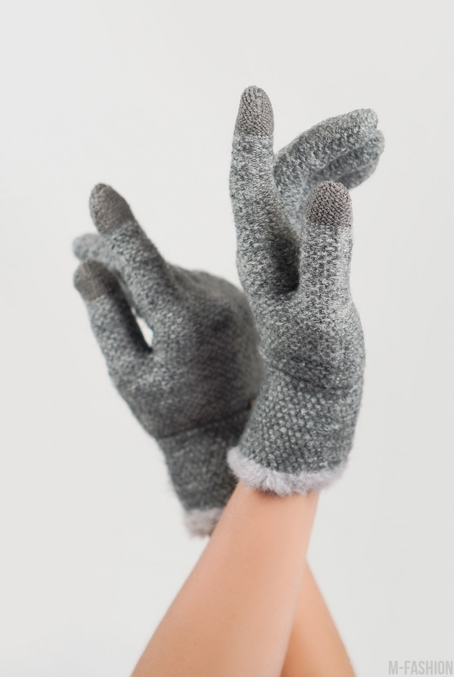 Серые шерстяные вязаные перчатки- Фото 2