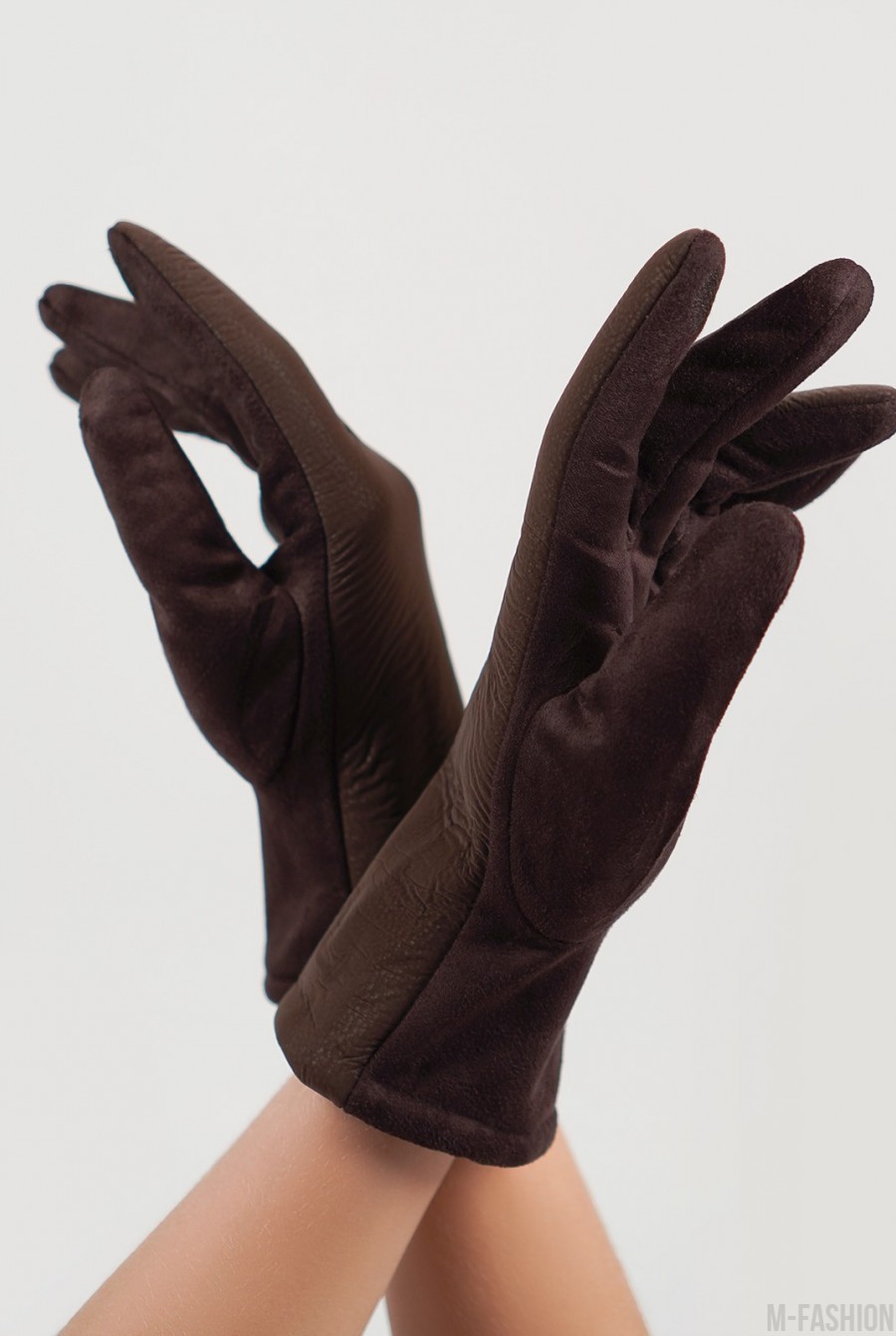 Коричневые замшевые комбинированные перчатки на меху- Фото 2