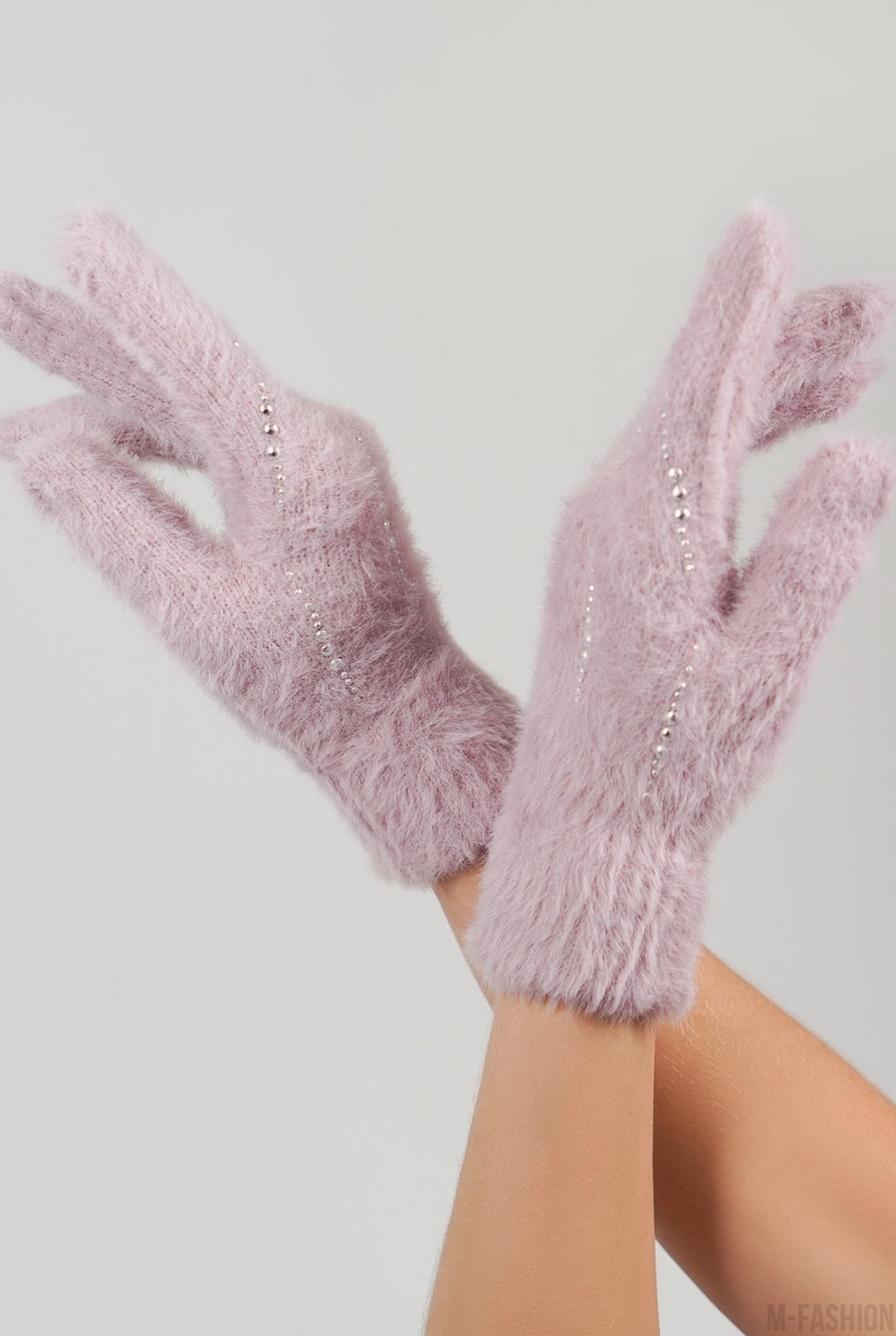 Сиреневые утепленные перчатки со стразами- Фото 2