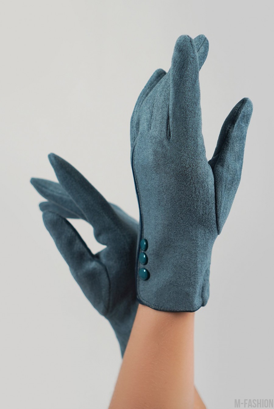 Зеленые утепленные перчатки из эко-замши - Фото 1
