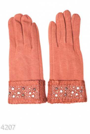 Коричневые перчатки с вязаными отворотами с бусинами