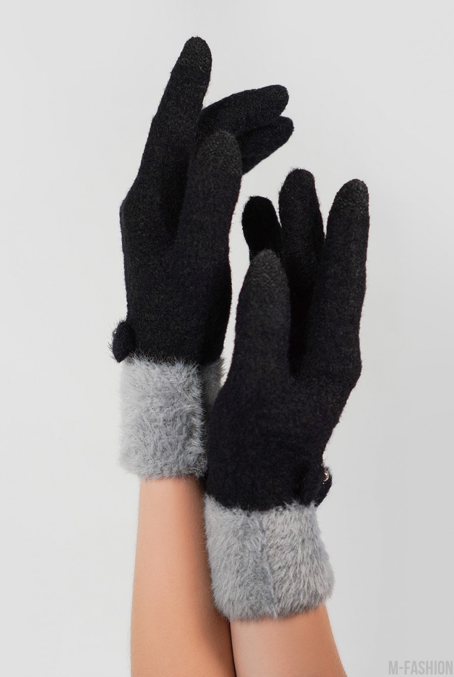 Черные шерстяные перчатки с фактурным манжетом- Фото 2