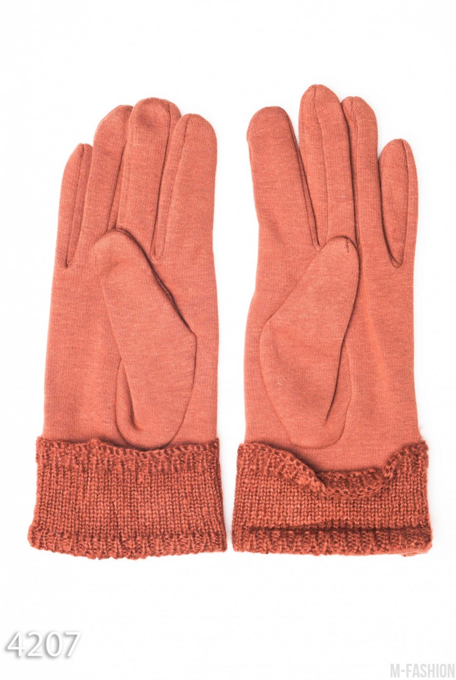 Коричневые перчатки с вязаными отворотами с бусинами- Фото 2
