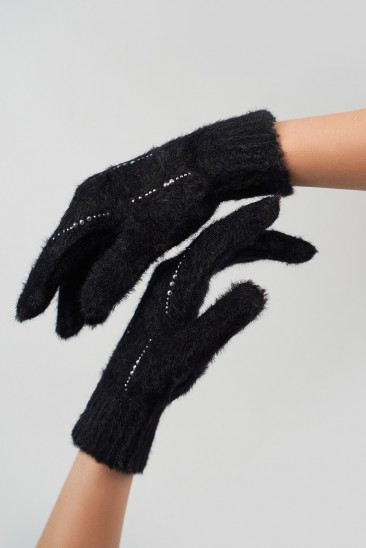 Черные утепленные перчатки со стразами