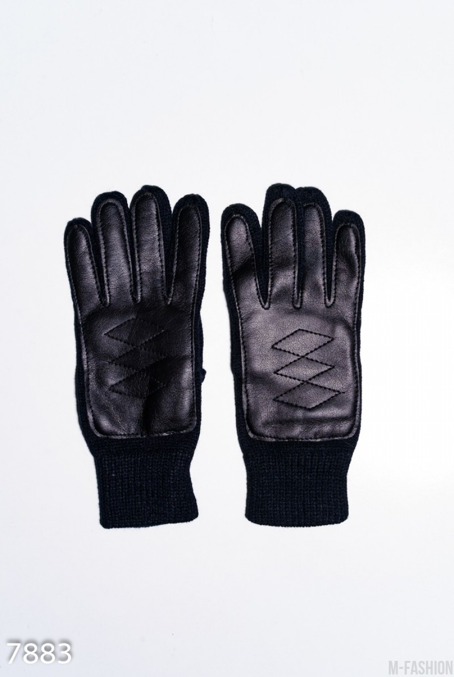 Черные шерстяные демисезонные перчатки с вставками из эко-кожи - Фото 1