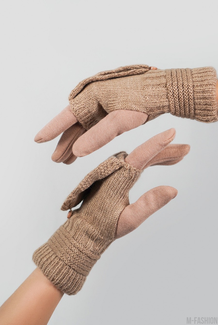 Бежевые комбинированные перчатки-варежки- Фото 2