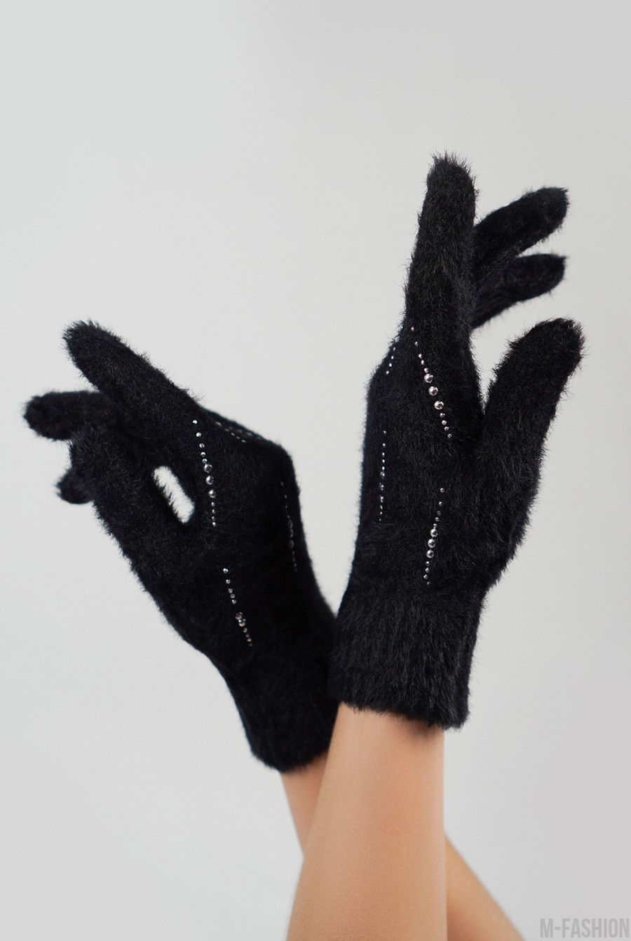 Черные утепленные перчатки со стразами- Фото 2