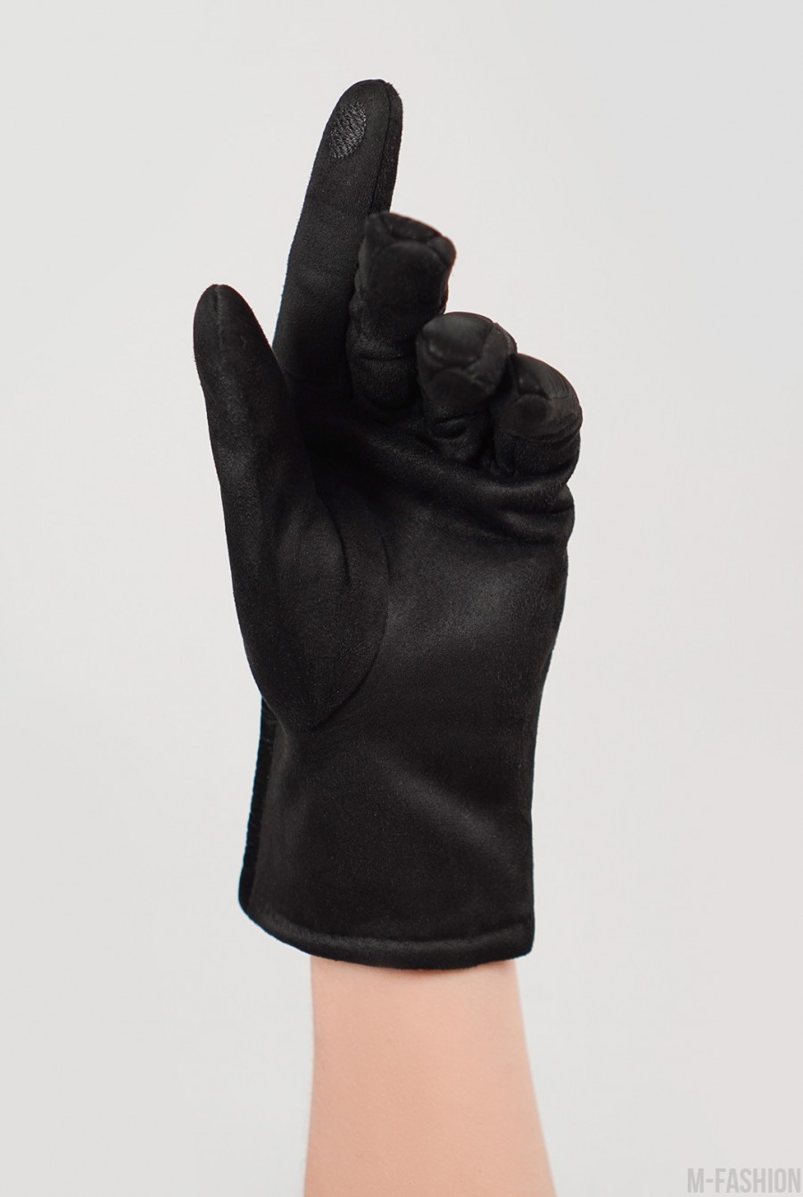Черные замшевые теплые перчатки с фактурной вставкой- Фото 2